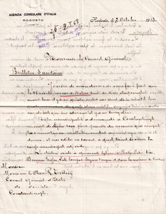 [THE SIXTH CHOLERA PANDEMIC (1899-1923) / EMMIGRATION / THE OTTOMAN EMPIRE] Manuscript report prepared by the Italian Royal Consular Agent in Rodosto (Tekirdağ), detailing the region’s poor sanitary conditions and the arrival of emigrants from...
