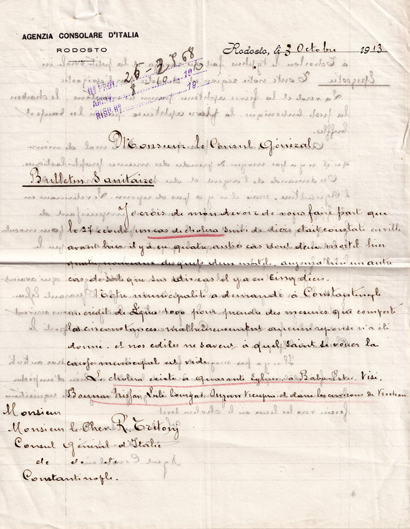 [THE SIXTH CHOLERA PANDEMIC (1899-1923) / EMMIGRATION / THE OTTOMAN EMPIRE] Manuscript report prepared by the Italian Royal Consular Agent in Rodosto (Tekirdağ), detailing the region’s poor sanitary conditions and the arrival of emigrants from...