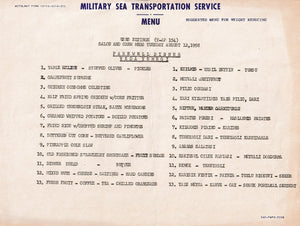 [FAREWELL DINNER & DAILY MENUS ABOARD USNS ELTINGE] Military Sea Transportation Service – Suggested menu for weight reducing. USNS Eltinge (T-AP 154) [2 menus] Salon and crew mess, Tuesday, August 12 & 13 1958. Farewell dinner = Veda yemegi.