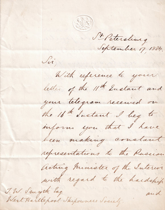 [THE FIFTH CHOLERA PANDEMIC (1881-1896) / TRADE SHIPS] Autograph letter signed ('Edwd. Thornton') to T. W. Smyth of the West Hartlepool Shipowners Society, regarding quarantine at Russian Black Sea ports during the Fifth Cholera Pandemic in 1884