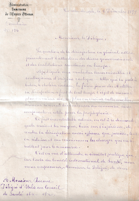 [EPIDEMICS / TRADE] Letter by an officer of the Ottoman Sanitary Administration, to 
