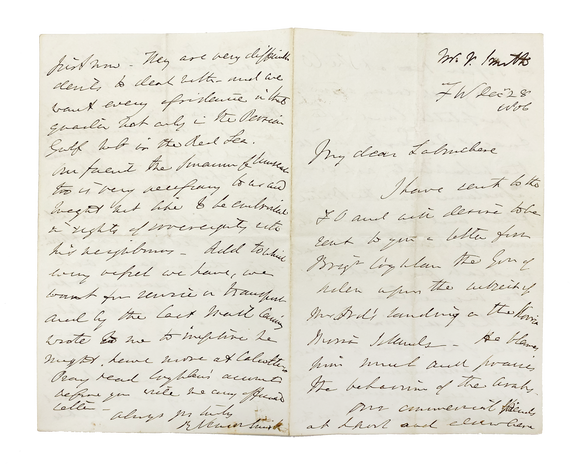[ARABIA / ADEN / BRITAIN] ALS to Henry Labouchere, Secretary of State for the Colonies, [.] the Governor of Aden [.] the Imam of Muscat”, discussing [.] merchants asking for “Indian [.] European speculations” in the Gulf...