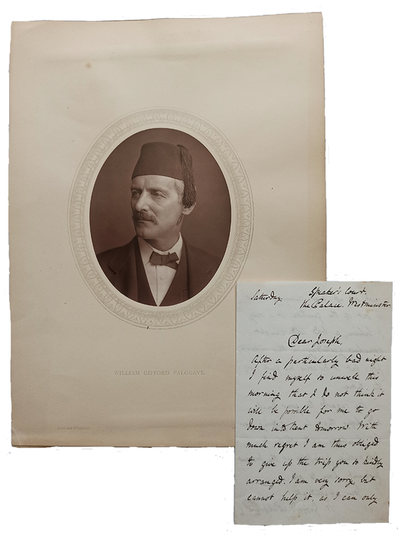 Autograph letter signed 'W. Gifford Palgrave' with his original print portrait photograph with a fez