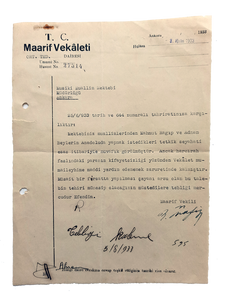 Typescript document signed 'Maarif Vekili B. Nafiz' about Mahmud Ragip Kösemihal and Adnan Saygun's Anatolian travels for the compilation of Turkish music, sent to 'Musiki Muallim Mektebi'