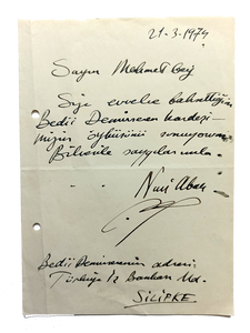 Autograph letter signed 'Nuri Abaç'