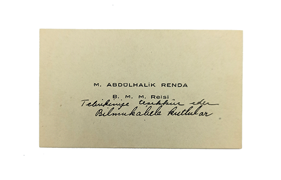 Visiting card with autograph notes 'M. Abdülhalik Renda'.