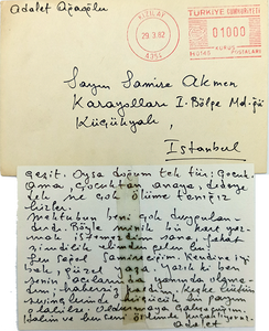 Autograph letter signed 'Adalet' addressed to Samira Akmen, with its envelope.