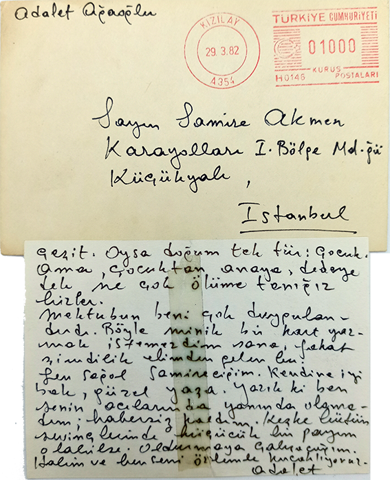 Autograph letter signed 'Adalet' addressed to Samira Akmen, with its envelope.