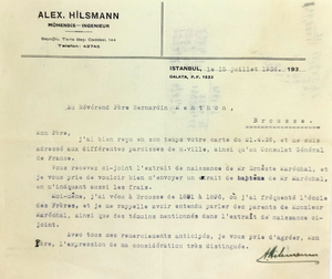 Typed letter signed 'A. Hilsmann'; sent to Bernardin Menthon who was a French reverend in Brousse, and author of 'L'Olympe de Bithynie: Ses saints, ses couvents, ses site'.