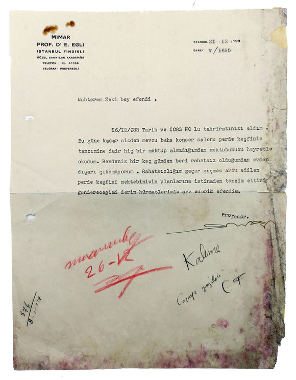 [AUSTRIAN ARCHITECT OF THE YOUNG TURKISH REPUBLIC] Typescipt letter signed 'Profesör Egli'