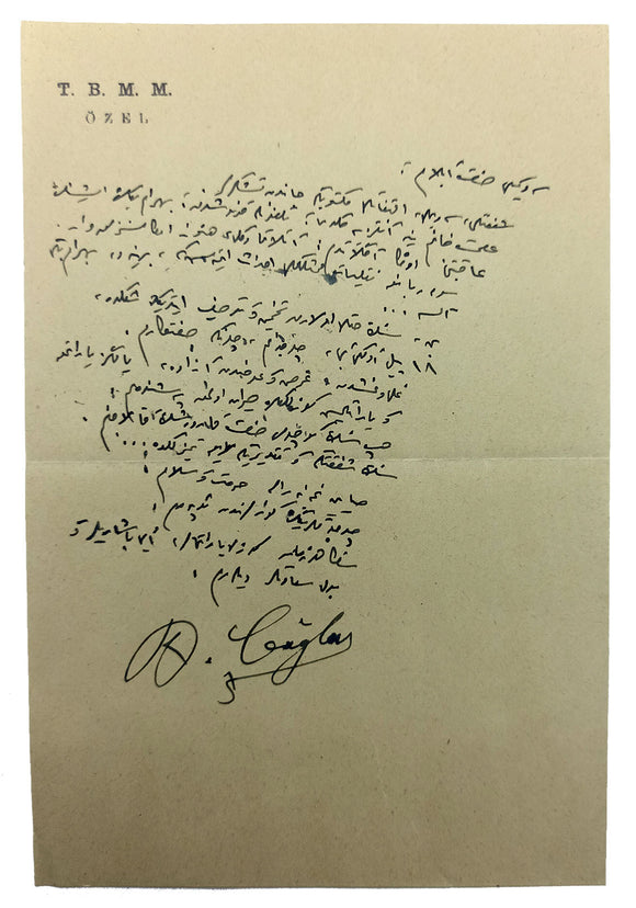 Autograph letter signed 'B. Çaglar', addressed to Turkish poetess Halide Nusret Zorlutuna, (1901-1984).