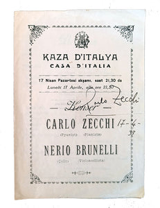 [ZECCHI IN ISTANBUL] Autograph concert program signed 'Carlo Zecchi', on a rare printed program of a concert performed in Pera in 1933.