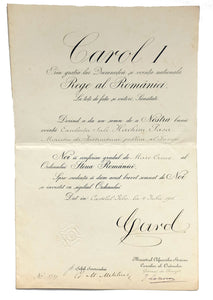 [ADS / ROYALTY / MEDAL] Autograph document signed 'Carol I', a medal reward certificate given to Mustafa Hasim Pasha, (1852-1920), with co-signatures by Ministrul Afacerilor Straine Canccelar al Ordinelor General de divizie Iacob N. Lahovary
