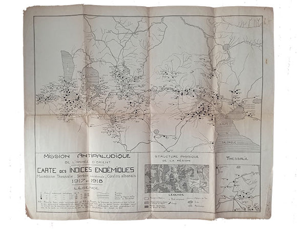 [MAP] Mission antipaludique de l'Armee d'Orient: Carte des indices endemiques Macedoine, Thessalie, Serbie meridionale, confins albanais 1917 et 1918.