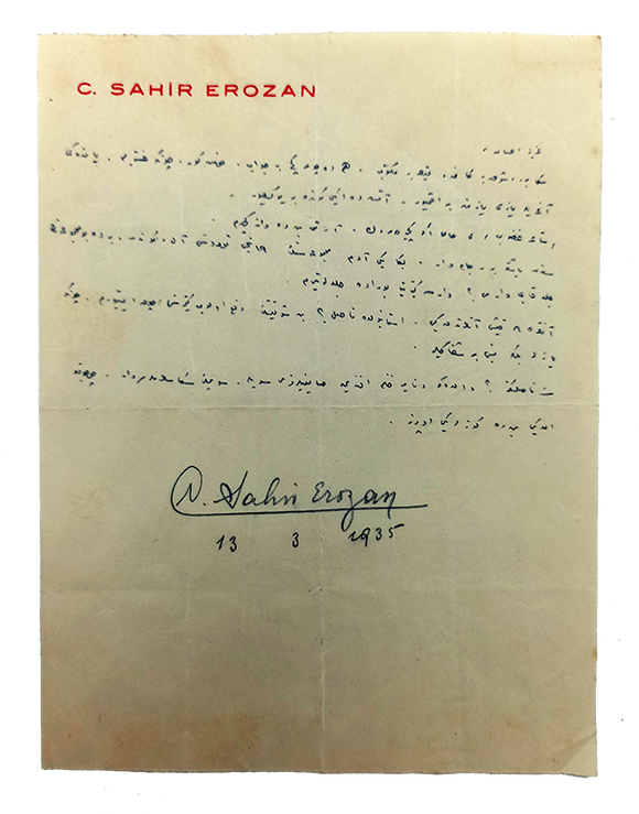 Autograph letter signed 'Celâl Sahir Erozan'.