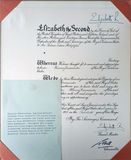 [ROYALTY / QUEEN OF ENGLAND] Autograph document signed 'Elizabeth R.' (ElizabethQueen Mother) and co-signed 'Elizabeth R.' (Elizabeth the Second), given to F. Z. Halefoglu, which appoints a Royal Victorian Order.