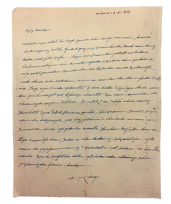 Autograph letter signed 'Esref Üren', sent to his unnamed painter friend, which mentions Ibrahim Çalli and Ziya Keseroglu, paintings sent to Çapa Exhibition.