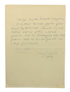Autograph document signed 'Hamit Görele' and 'Ersin Satgan', on the fixation of income of the Contemporary Painters Association of Turkey in 1968.
