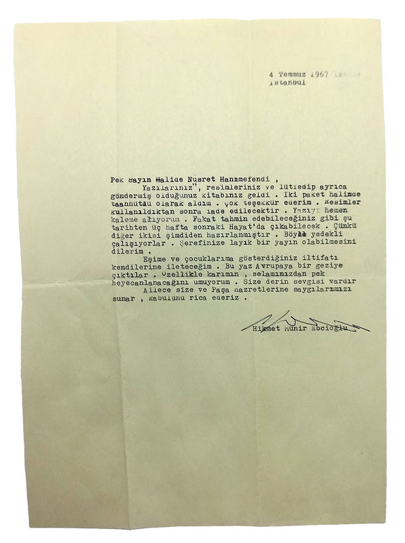Typescript letter signed 'Hikmet Münir Ebcioglu' sent to Halide Nusret Zorlutuna, (1901-1984) who was Turkish poetess.