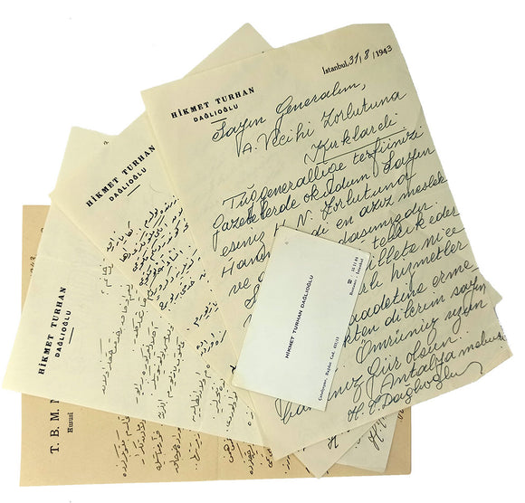 A collection of four autograph letters signed 'Hikmet Turhan Daglioglu' with his business card, sent to Turkish poetess Halide Nusret Zorlutuna, (1901-1984).