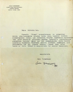 Typescript document - letter signed 'Jale Yilmabasar', addressed to Gültekin [Sâmanoglu], (1927-2003).