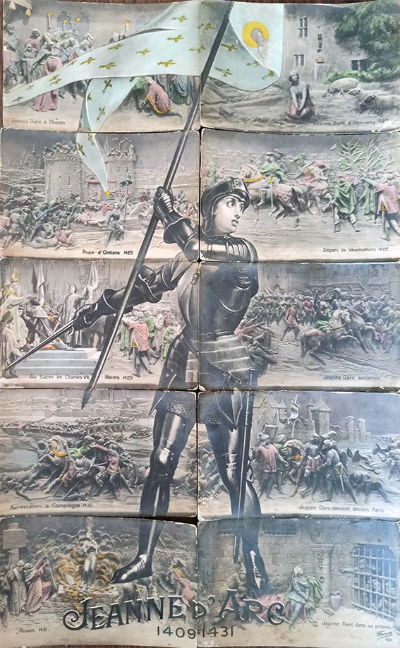 [PROPAGANDA / JOAN OF ARC] Original hand colored complete set of postcards including 10 pieces depicted Joan of Arc's life and statue. Jeanne d'Arc, 1409-1431.