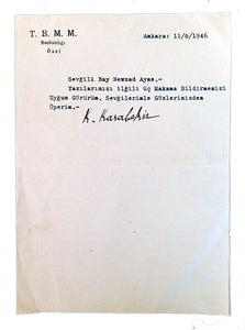 Typescript letter signed 'K. Karabekir' to Nevzad Ayas.