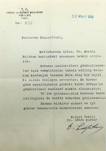 Autograph document signed 'Sihhat Vekili Dr. Lûtfi Kirdar', sent to Turkish poetess Halide Nusret Zorlutuna, (1901-1984).