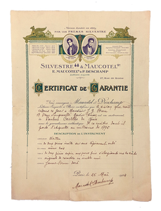 [1924 A Stradivarius violin certificate of guarantee given by Silvestre & Maucotel, Luthiers-Experts to Monsieur J. G. Brun, and then Claude Lebet to buyer famous Turkish violin player Gülden Turali for Stradivarius violin