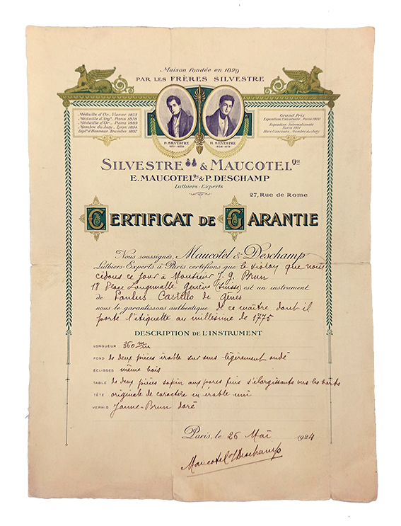 [1924 A Stradivarius violin certificate of guarantee given by Silvestre & Maucotel, Luthiers-Experts to Monsieur J. G. Brun, and then Claude Lebet to buyer famous Turkish violin player Gülden Turali for Stradivarius violin
