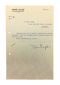 Typescript document signed 'Vali Tandogan', sent to H. Resit Tankut, (1891-1980).