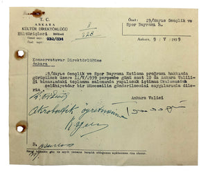 Typescript document signed 'Vali Tandogan', sent to "Ankara Konservatuvar Direktörlügü'ne" [i.e. The Directorate Ankara Conservatory], to request a representative for celebration of 'May 19'.