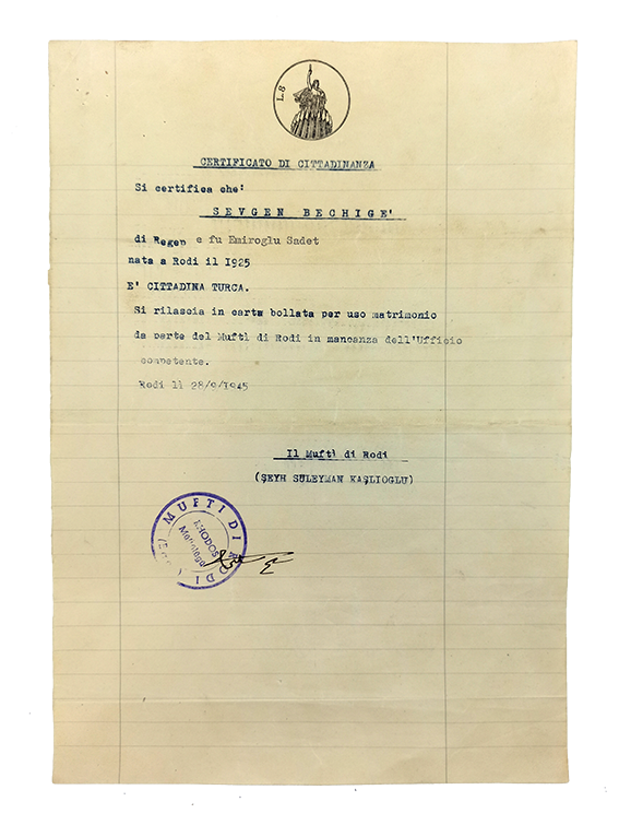 [RHODES MUFTI WHO HELPED JEWS AGAINST THE NAZIS IN RHODES] Typescript document / certificate of citizenship signed 'Seyh Süleyman' as 'Il mufti di Rodi', prepared for 'Sevgen Bechige', in the period of Italan Occupation of Rhodes.