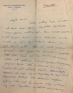 Autograph letter signed 'Sükriye', telling her trip in Yalova city with her father Cafer Fahri Bey, Celal Sofu, Refet Pasha and Fazil Bey, sent to Turkish paintress Fatma Tiraje Dikmen, (1925-2014).