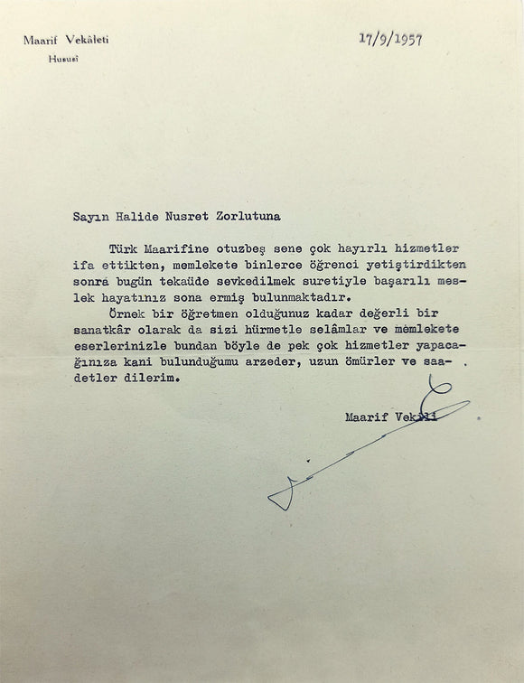 Typescript letter signed 'T. Ileri' sent to Turkish poetess Halide Nusret Zorlutuna, (1901-1984).