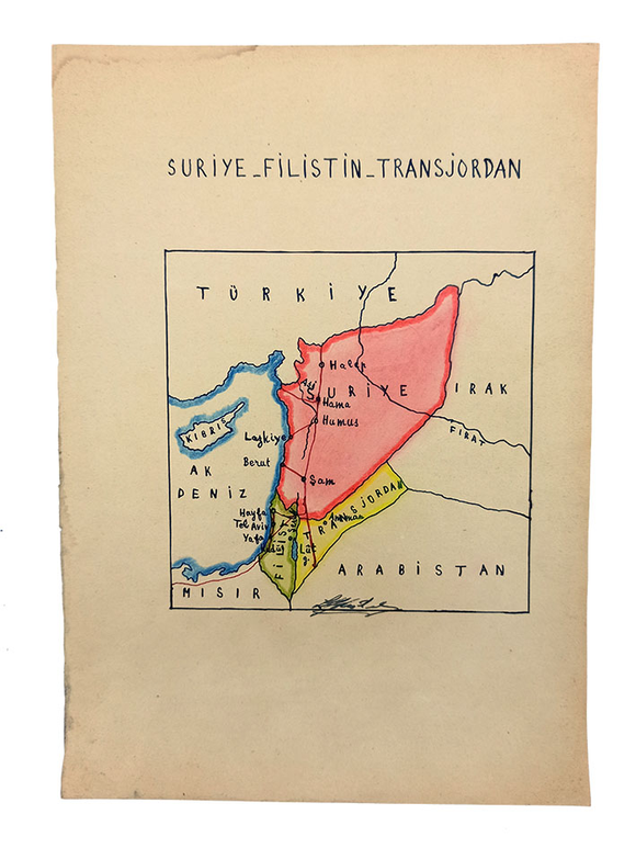 [MANUSCRIPT HAND-COLOURED MAP OF SYRIA - PALESTINE - TRANSJORDAN] Suriye - Filistin - Transjordan.